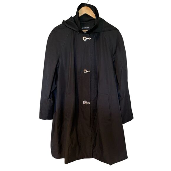 London Fog Lined Black Women's 3X Trench Rain Coat Hooded Silver Clasp Closer - Picture 2 of 12